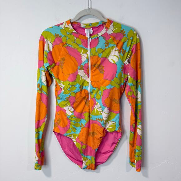 Trina Turk Playa Long Sleeve Paddle One Piece Swimsuit Multi Floral Pink Large - Picture 1 of 8